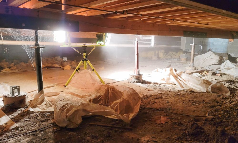 Crawlspace Foundation Inspection for Elevation Certificate Compliance in Montgomery AL - ALTA Survey Alabama Interior view of a residential crawlspace foundation under construction, showing support beams and elevation equipment — ideal for flood zone compliance and elevation certificate inspections.