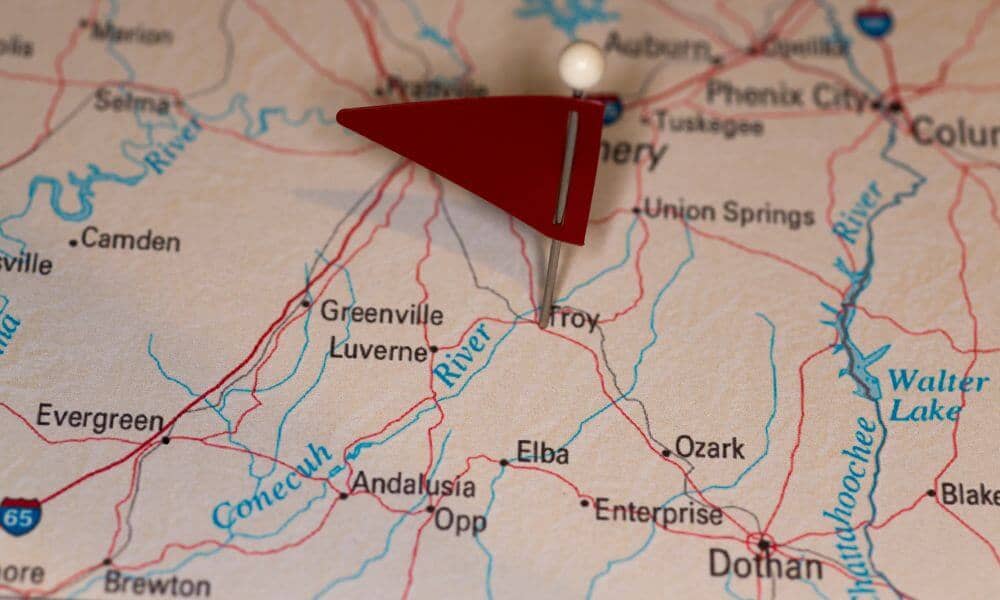 flood elevation certificate troy al - ALTA Survey Alabama Map showing Troy, Alabama marked with a red pin, highlighting the importance of flood elevation planning in local land development.