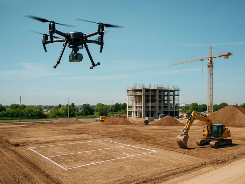Drone capturing setback data on construction site - ALTA Survey Alabama Drone equipped with LiDAR hovering over construction site with visible boundary markings, excavator, and building under construction
