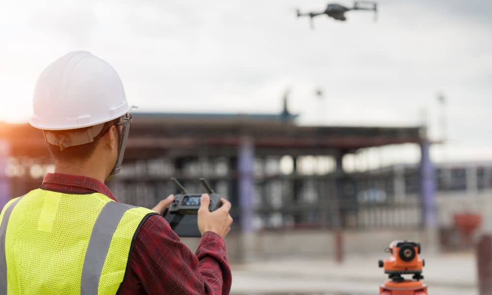Drone operator using lidar mapping on construction site - ALTA Survey Alabama Construction worker operating drone for LiDAR mapping at a building site with a partially built structure in the background