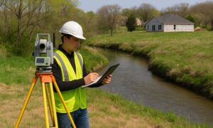 Land surveyor gathering elevation benchmarks near a creek to prepare a FEMA Elevation Certificate for building permit approval in a flood-prone area.