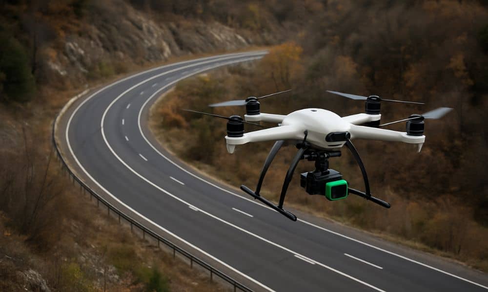 lidar mapping right of way montgomery al - ALTA Survey Alabama lidar mapping - Drone with LiDAR sensor capturing data over a curved roadway for a right-of-way survey in Montgomery AL