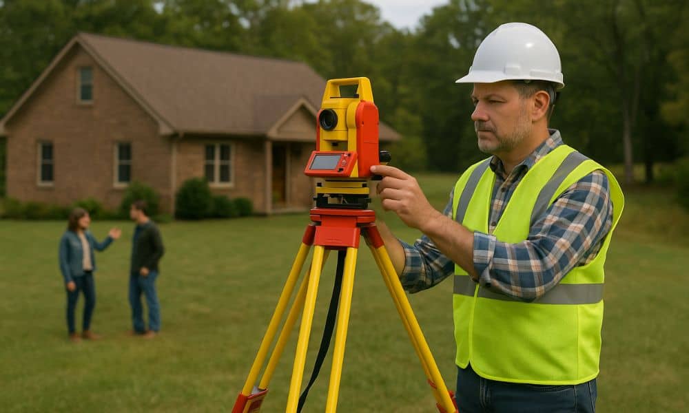 property survey inherited family estate - ALTA Survey Alabama Land surveyor conducting a property survey for an inherited family estate near a brick home.