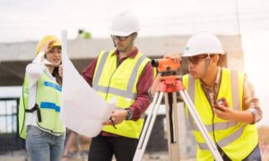 alta title surveys - Engineers conducting an alta title survey at a commercial property under development