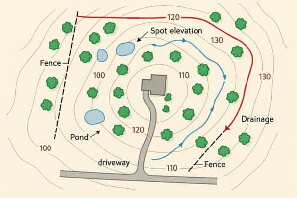 topographic survey map with contour features - ALTA Survey Alabama Illustrated topographic survey map showing contour lines, spot elevations, drainage paths, trees, ponds, a driveway, and a building—used for planning construction and land grading.