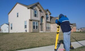 Licensed land surveyor conducting a boundary line survey in front of a new home in Daphne