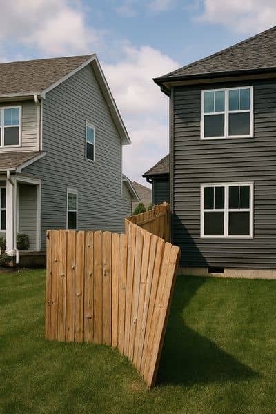 Boundary line survey property dispute daphne - ALTA Survey Alabama Misaligned wooden fence between two suburban homes illustrating a property boundary dispute in Daphne