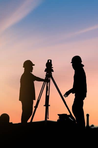 Construction stakingsurvey sunset field - ALTA Survey Alabama Surveyors performing a construction staking survey at sunset using a total station, symbolizing field accuracy during solar storm conditions.