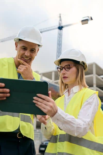 Engineers in safety vests reviewing drone mapping results on a tablet at a construction site