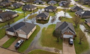 Aerial survey view of a neighborhood showing pooling water and hidden drainage problems