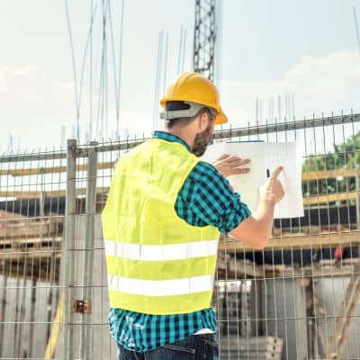 Construction professional reviewing site plans to confirm construction survey records during active development