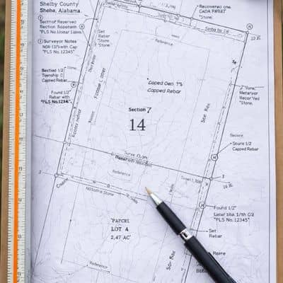 Detailed boundary survey map showing section lines and corner references prepared by a land survey company