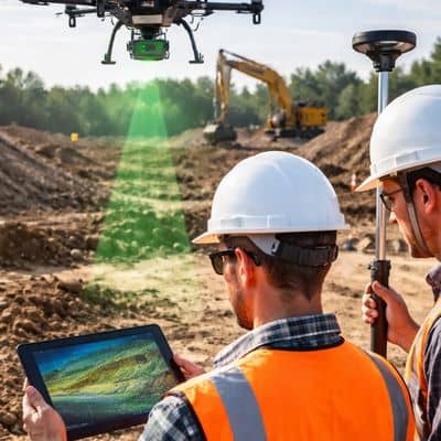 Surveyors operating a drone at a construction site to collect elevation data for lidar mapping projects