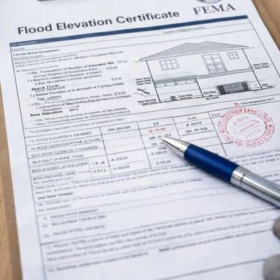 Elevation survey document on clipboard - ALTA Survey Alabama Example flood elevation certificate document reviewed during a mortgage loan process