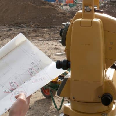 A licensed land surveyor reviewing site plans next to a total station during a construction survey