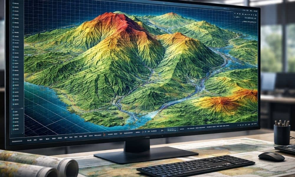 3D digital elevation model displayed on a monitor showing terrain analysis used for lidar mapping projects