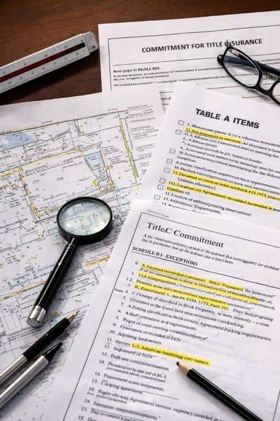 Alta survey table a review documents - ALTA Survey Alabama A commercial property surveyor reviewing ALTA survey plans and Table A items alongside title commitment documents on a desk