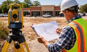 Commercial lot site plan review - ALTA Survey Alabama Surveyor reviewing site plans for a plat of survey on a small commercial lot