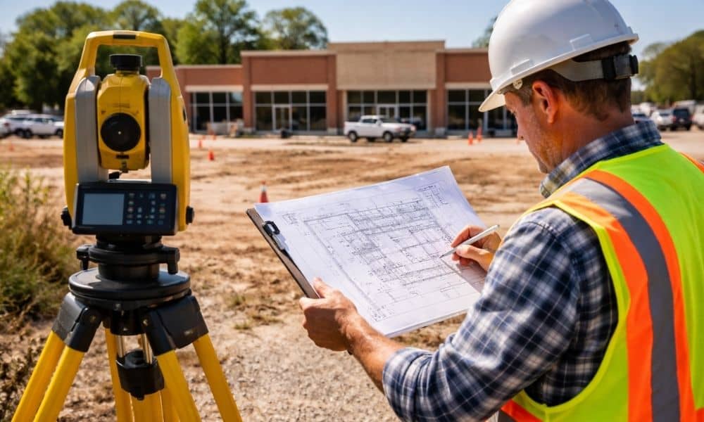 Commercial lot site plan review - ALTA Survey Alabama Surveyor reviewing site plans for a plat of survey on a small commercial lot