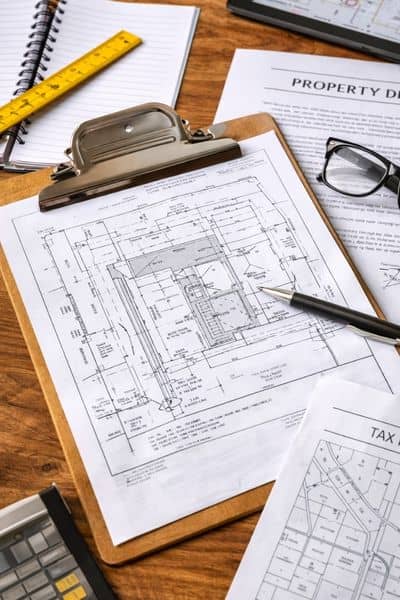 Commercial site documents survey plans - ALTA Survey Alabama Close-up of site plans and documents prepared for a plat of survey on a commercial lot