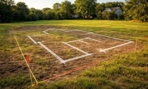 Empty lot survey lines house footprint misaligned - ALTA Survey Alabama A vacant lot with survey lines and a house layout that does not fit properly, showing issues a property survey can reveal before construction