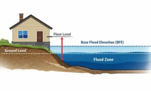 Diagram showing how an elevation certificate measures a home's height compared to expected flood levels