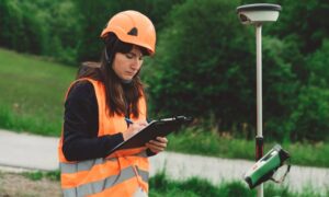 Surveyor reviewing GPS field measurements while evaluating property survey cost