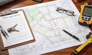 Land surveyor reviewing property map and title documents for an ALTA survey