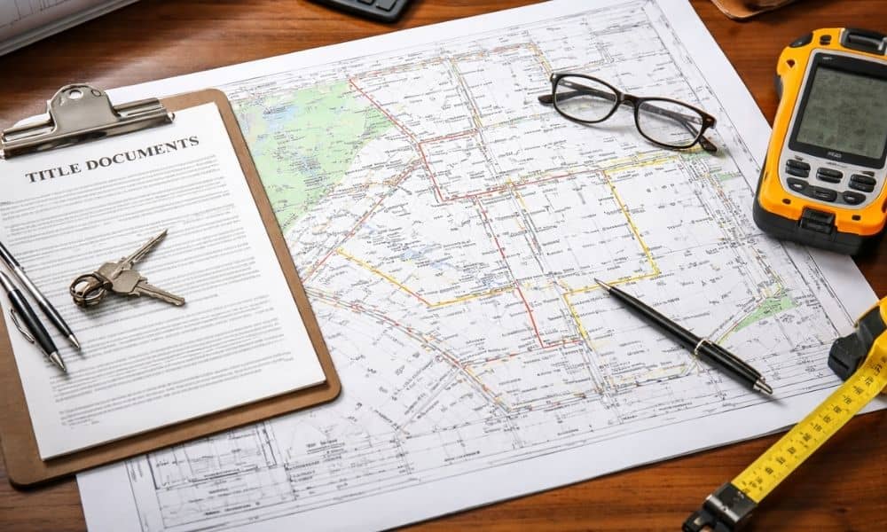 Land surveyor reviewing property map and title documents for an ALTA survey