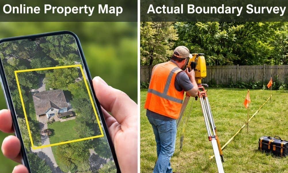 A boundary line survey showing actual property limits compared to an online property map before building a fence