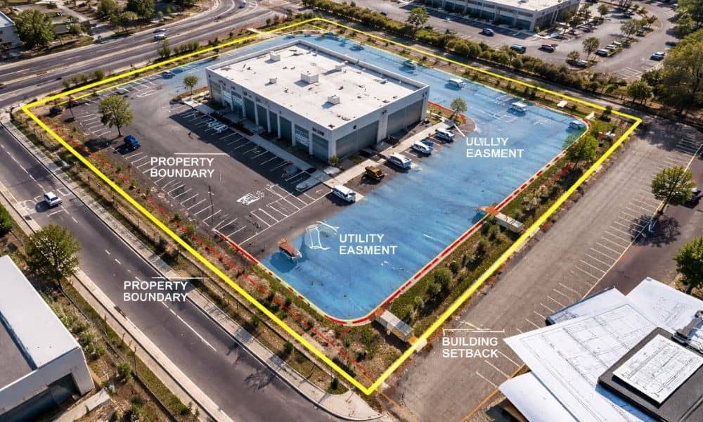 Retail pad alta survey overlay - ALTA Survey Alabama A commercial property surveyor reviewing an ALTA survey overlay on a retail pad site with marked boundaries and easements