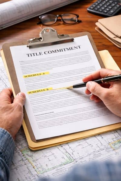 Surveyor reviewing title commitment with Schedule A and Schedule B documents for an ALTA survey
