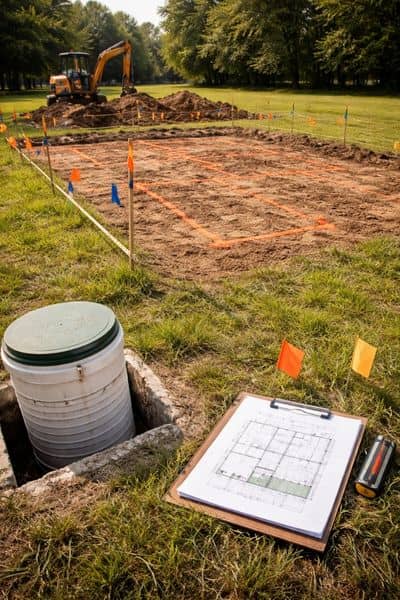 Septic system layout marked lot soil test area - ALTA Survey Alabama Marked construction lot showing septic layout and soil test areas, highlighting issues a property survey can reveal before building
