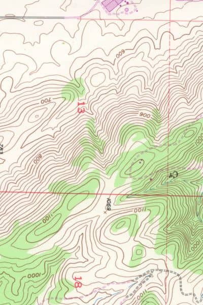 Topographic survey map showing elevation contours and terrain slopes before construction