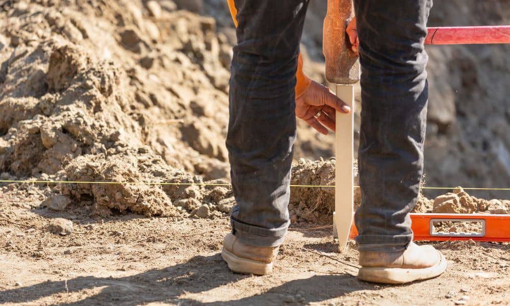 Worker placing a stake and string line during a construction survey to check the layout on site