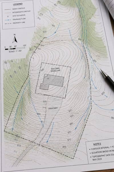 Contour map of a sloped property showing elevation lines and natural water flow patterns from topographic mapping