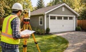 A surveyor performing an as-built survey on a finished detached garage to verify structure placement