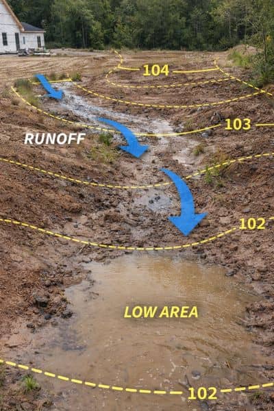 Drainage flow elevation change construction site - ALTA Survey Alabama Topographic survey illustrating how subtle elevation changes affect water flow and drainage on a construction site after rainfall