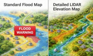 Side-by-side comparison of a basic flood alert map and detailed lidar mapping showing land elevation and drainage patterns