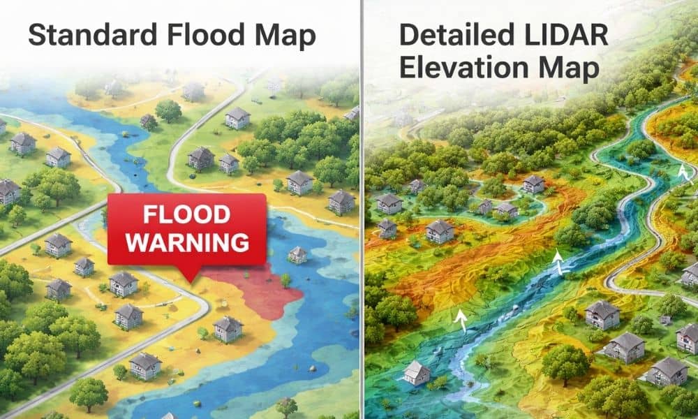 Side-by-side comparison of a basic flood alert map and detailed lidar mapping showing land elevation and drainage patterns