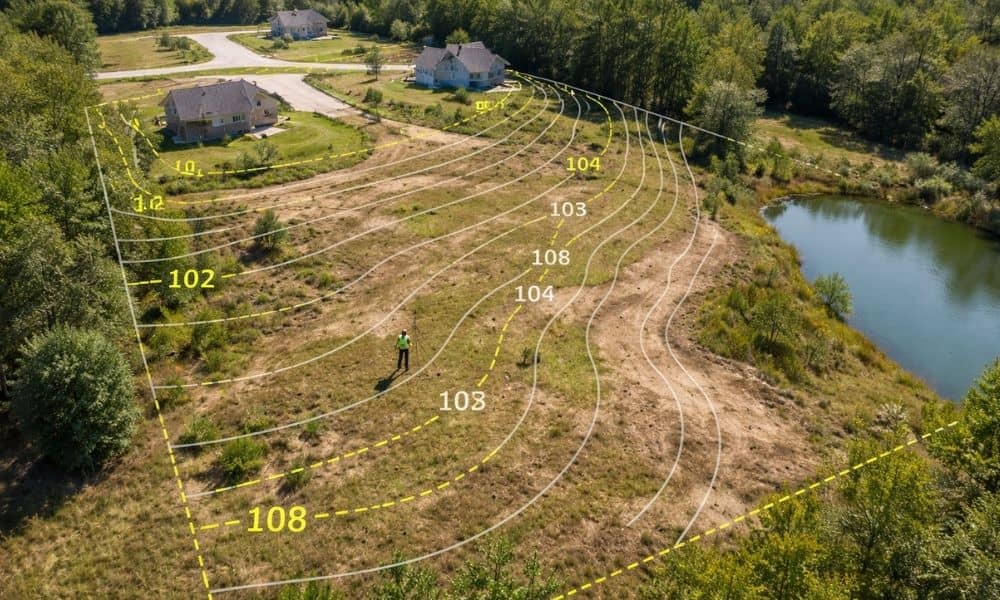 Topographic survey showing contour lines and subtle elevation changes across a residential property before construction