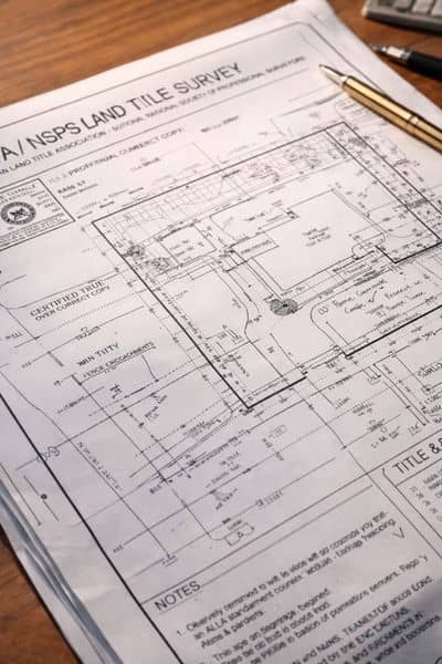 Close-up of a detailed land survey document showing property boundaries, easements, and annotations used in an ALTA survey for real estate analysis