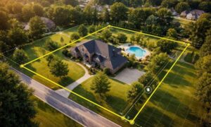 Aerial drone view of a residential and commercial property with subtle boundary overlays showing how an ALTA survey defines property lines and easements across the land