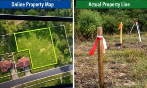 Side-by-side view of a digital property map and actual land with survey stakes showing a boundary survey in real conditions