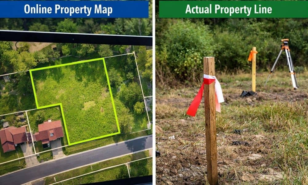 Side-by-side view of a digital property map and actual land with survey stakes showing a boundary survey in real conditions