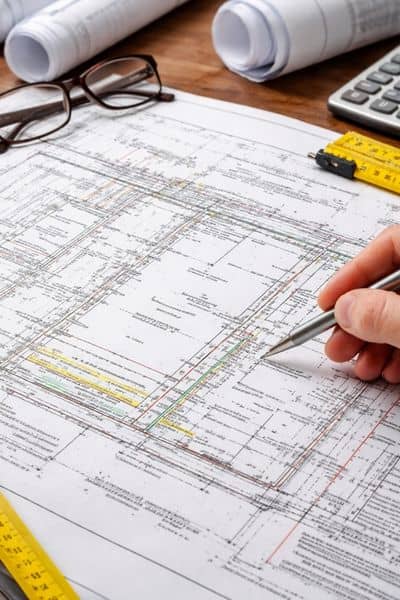 Close-up of a detailed survey plan with boundary lines and measurements being reviewed, showing information typically included in an ALTA survey
