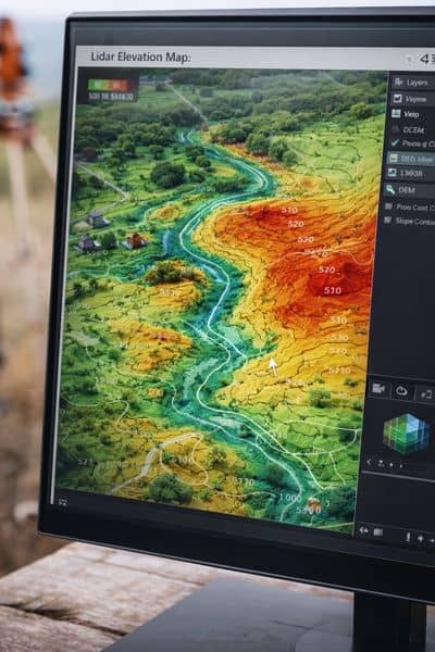 Surveyor reviewing lidar mapping data on a terrain model showing elevation changes and drainage patterns for site planning