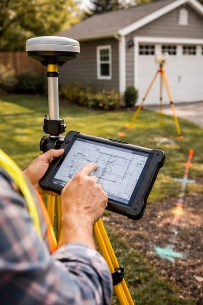 A surveyor using equipment to perform an as-built survey and verify structure measurements before final approval