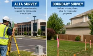 Surveyor using land surveying equipment beside a commercial property and residential lot with visible property boundary markers comparing ALTA and boundary survey uses