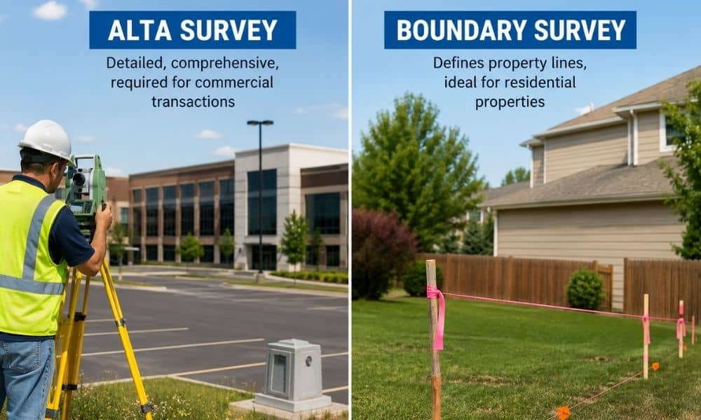 Surveyor using land surveying equipment beside a commercial property and residential lot with visible property boundary markers comparing ALTA and boundary survey uses